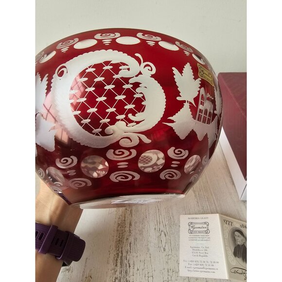 Egermann Red‎ Ruby bowl lazure Bohemian centerpiece deer scene building - Picture 7 of 10